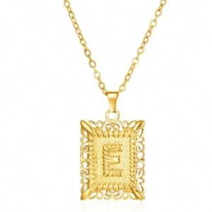 NIB YSTT Stainless Steel Letter "E" Pendant Necklace, Creative Square